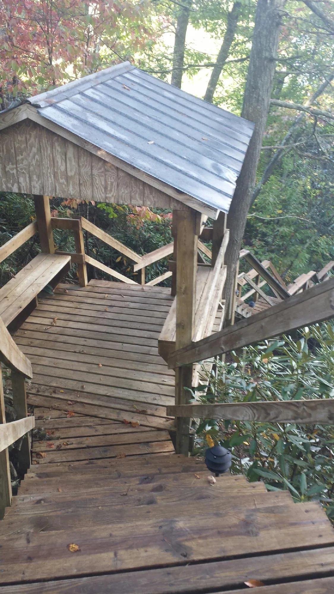 Metal roofed shelter over wooden steps on a wooded walkway — Skylight Repair & Installation work by our crew in Locust